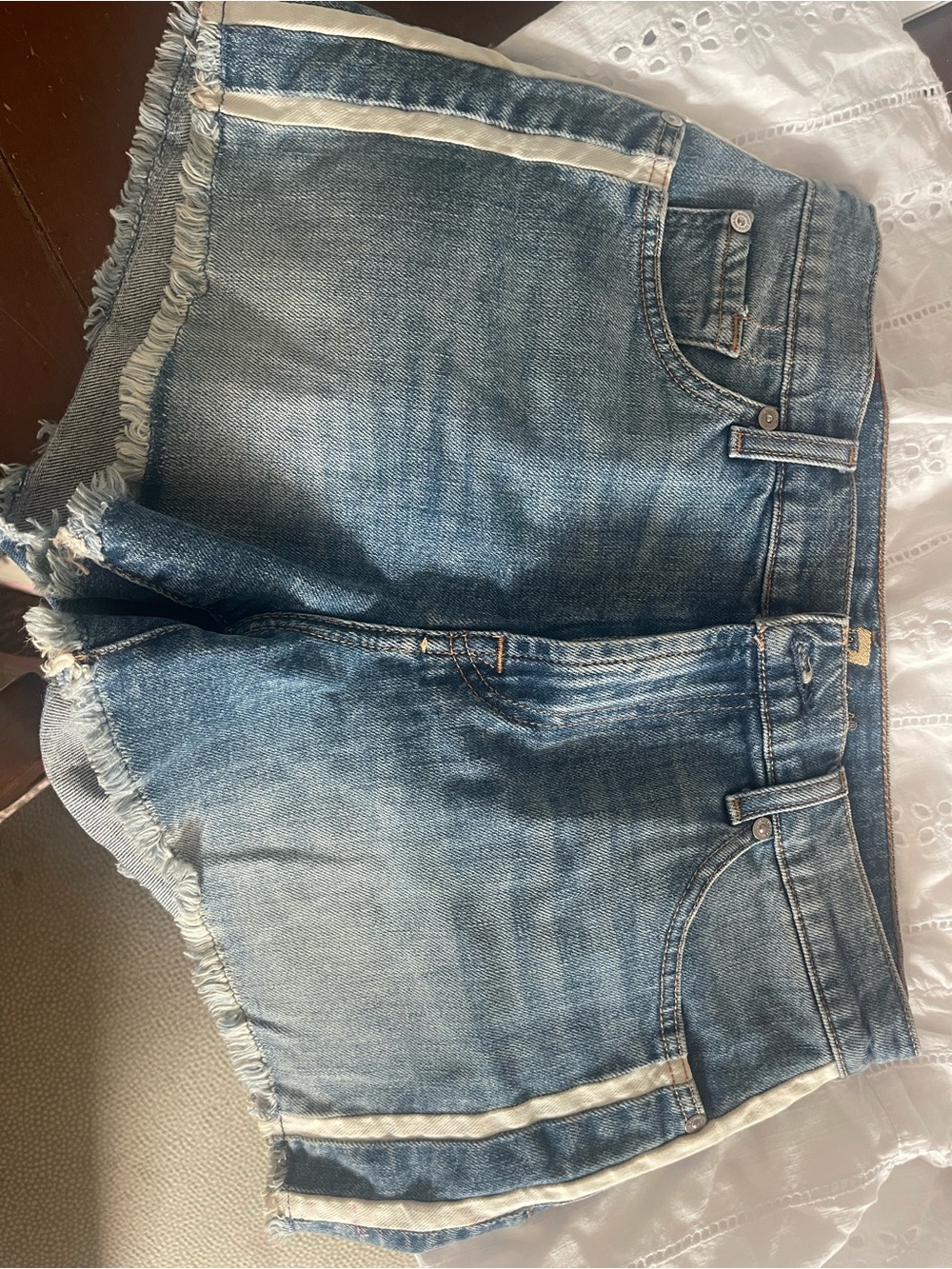 7 For All Mankind Light Blue Denim Shorts with Cream Side Stripe